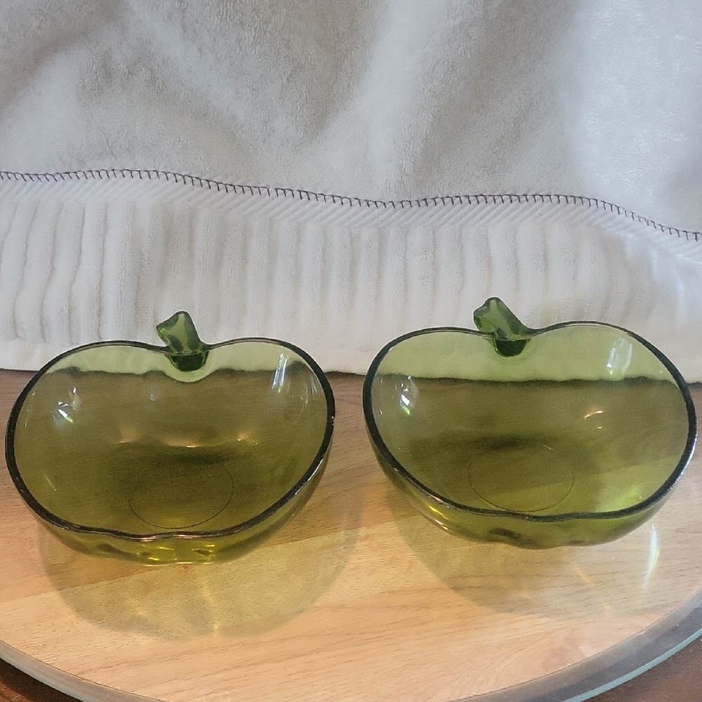 Hazel-Atlas Green Glass Apple-Shaped Bowls. Set of 2. Minimal Flaws.